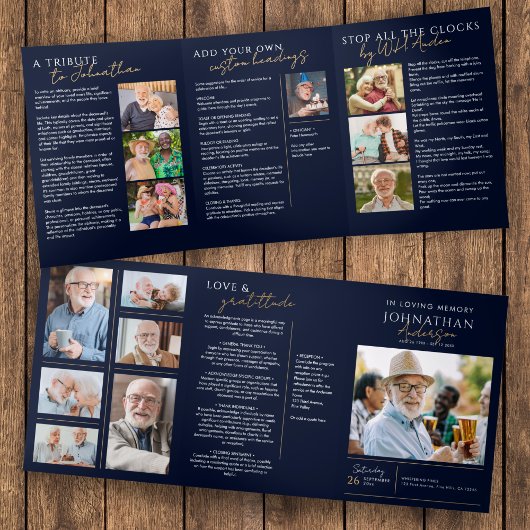 In Loving Memory Modern 14-Foto-Elegante-Gedenkstä Dreifach-gefaltete Programmkarte