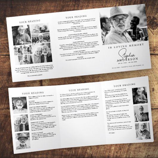 In Loving Memory Modern Minimal 14-Foto Beerdigung Dreifach-gefaltete Programmkarte