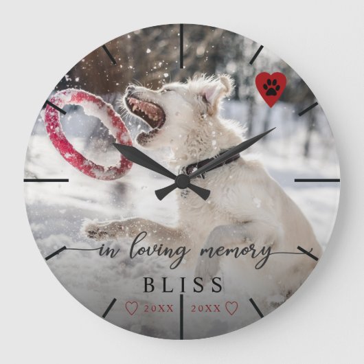 In Loving Memory Pet Photo Paw Print Monogram Große Wanduhr (Vorderseite)