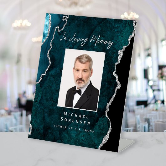 In Loving Memory Photo Teal Silver Agate Wedding Sockelschild