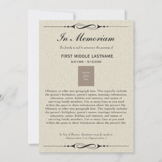 In Memoriam Death Ankündigung mit Obituary (Vorderseite)