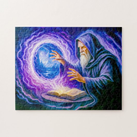 In Öl gemalter Fantasy-Zauberer beim Öffnen eines Puzzle (Horizontal)
