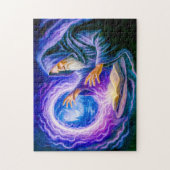 In Öl gemalter Fantasy-Zauberer beim Öffnen eines Puzzle (Vertikal)