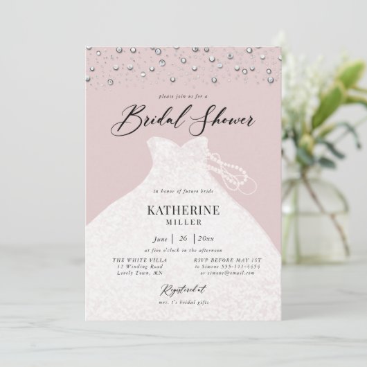 In Perlen verkleidet Elegantes Kleid Rosa Brautpar Einladung (Stehend Vorderseite)