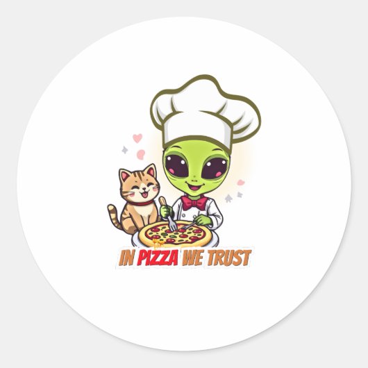 In Pizza We Trust Alien Chef Art Runder Aufkleber (Vorderseite)