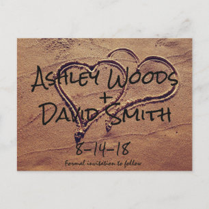 In Sand Save the Date Gezeichnet Herzen Postkarte