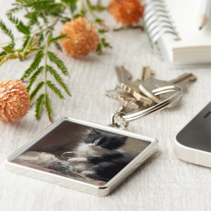 In Schwarz-Weiß-Kitten verworren Schlüsselanhänger