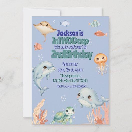 In TWO Deep, Blue Under the Sea 2nd Birthday  Einladung (Vorderseite)