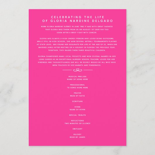 In unseren Herzen Begräbnisprogramm weiß und pink Programm (Rückseite)