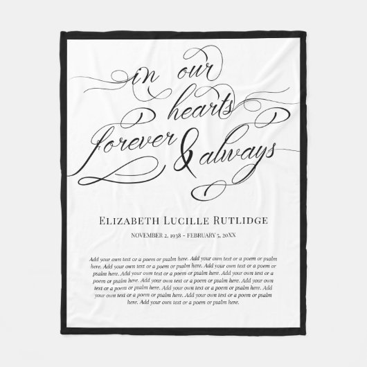 In unseren Herzen für immer Schwarz-Weiß-Beileid Fleecedecke (Vorderseite)