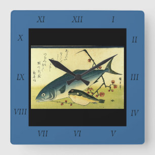 Inada & Fugu - Hiroshige's Japanese Fish Print Squ Quadratische Wanduhr