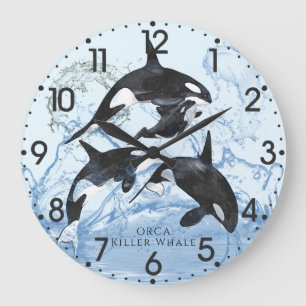 Incredible Black and White Watercolor Orcas Große Wanduhr