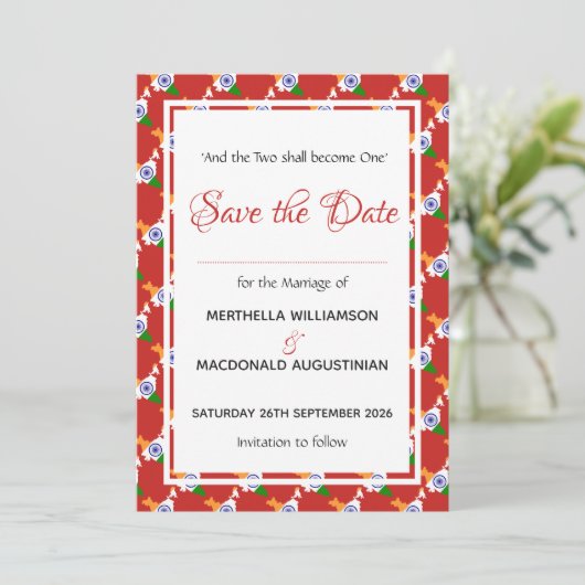 INDIA Patriotic Wedding Special Celebration RED Save The Date (Stehend Vorderseite)