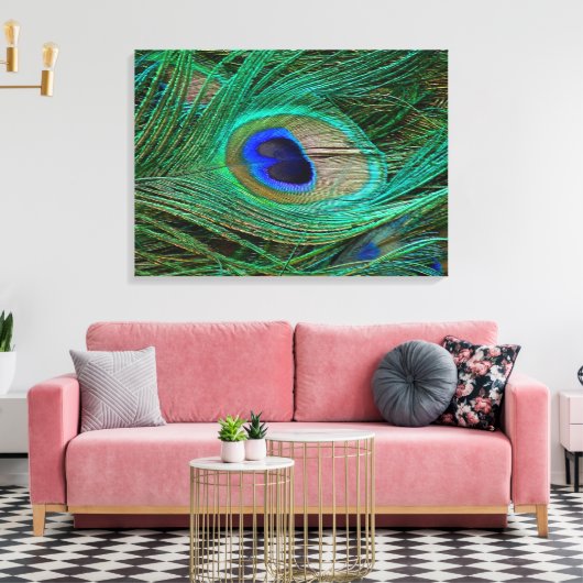 Indian Blue Peacock Feather Stretched Canvas Print Leinwanddruck (Insitu (Wohnzimmer))