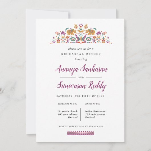 Indian Blume Elephant Hochzeit Probe Dinner Einladung (Vorderseite)