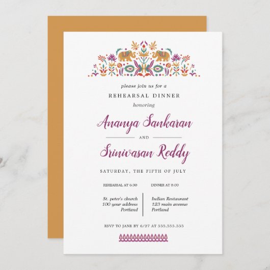 Indian Blume Elephant Hochzeit Probe Dinner Einladung (Vorne/Hinten)