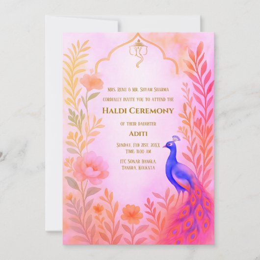 Indian Bride Haldi Zeremony Peacock Floral Einladung (Vorderseite)