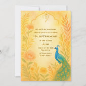 Indian Bride Haldi Zeremony Peacock Floral Einladung (Vorderseite)