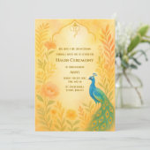 Indian Bride Haldi Zeremony Peacock Floral Einladung (Stehend Vorderseite)