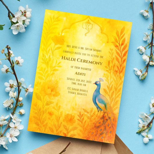 Indian Bride Haldi Zeremony Peacock Floral Einladung