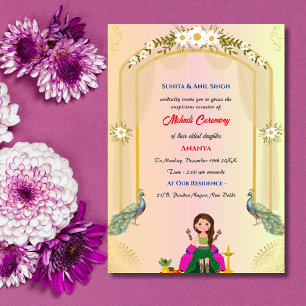 Indian Bride Mehndi Zeremonie Peacock Design Einladung