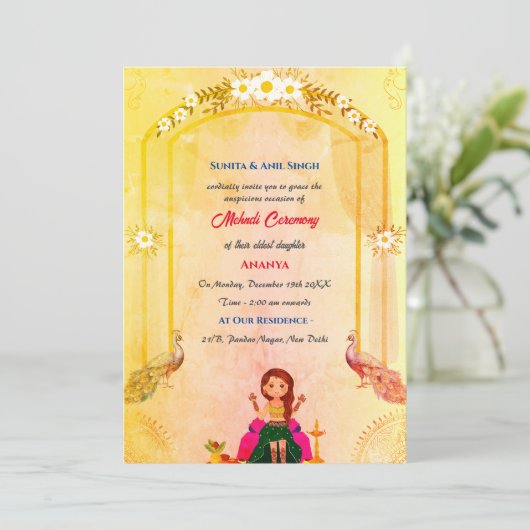Indian Bride Mehndi Zeremonie Peacock Design Einladung (Stehend Vorderseite)