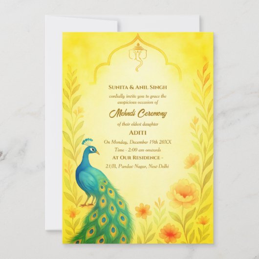 Indian Bride Mehndi Zeremonie Peacock Floral Einladung (Vorderseite)