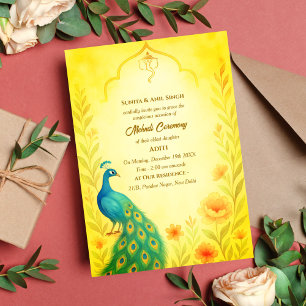 Indian Bride Mehndi Zeremonie Peacock Floral Einladung