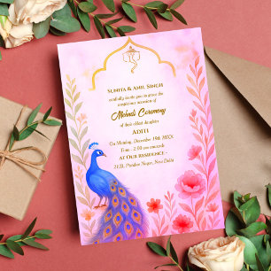 Indian Bride Mehndi Zeremonie Peacock Floral Einladung
