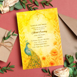 Indian Bride Mehndi Zeremonie Peacock Floral Einladung