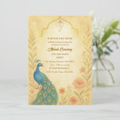 Indian Bride Mehndi Zeremonie Peacock Floral Einladung (Stehend Vorderseite)