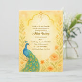 Indian Bride Mehndi Zeremonie Peacock Floral Einladung (Stehend Vorderseite)