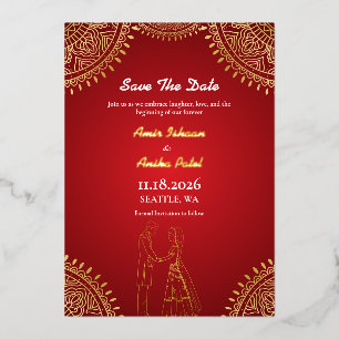 Indian Couple Wedding Red Gold Save the Date Folieneinladung