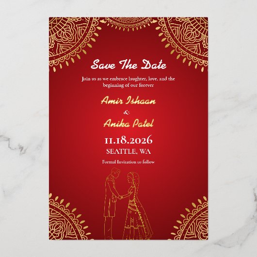 Indian Couple Wedding Red Gold Save the Date Folieneinladung (Vorderseite)