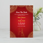 Indian Couple Wedding Red Gold Save the Date Folieneinladung (Stehend vorne)