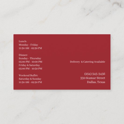 Indian Cuisine Business Card Visitenkarte (Rückseite)