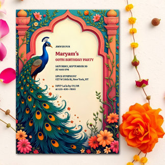 Indian Elegant Floral Arch Peacock 60. Geburtstag Einladung
