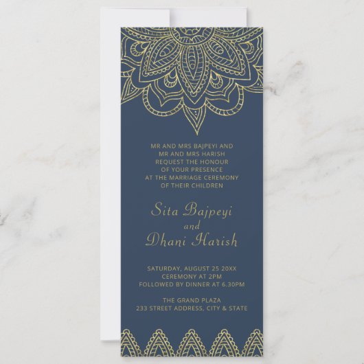 Indian Elegant Navy Gold Mehndi Hindu Wedding Invi Einladung (Vorderseite)