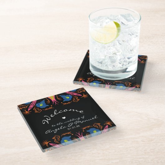 Indian Elephant Floral Black Wedding Glasuntersetzer (Schrägansicht)