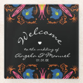 Indian Elephant Floral Black Wedding Glasuntersetzer (Vorderseite)