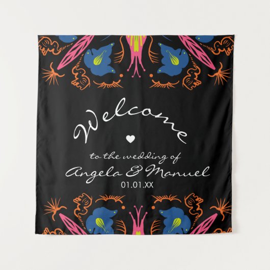 Indian Elephant Floral Black Wedding Wandteppich (Vorderseite)