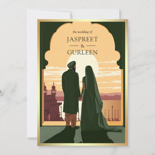 Indian Ethnic Dark Green Anand Karaj Sikh Wedding Einladung (Vorderseite)