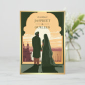 Indian Ethnic Dark Green Anand Karaj Sikh Wedding Einladung (Stehend Vorderseite)