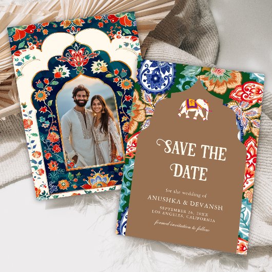 Indian Folk Art Elephant Beige Wedding Save The Date