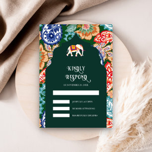 Indian Folk Art Elephant Emerald Green Wedding RSVP Karte