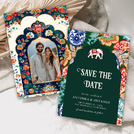 Indian Folk Art Elephant Emerald Green Wedding Save The Date