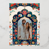 Indian Folk Art Elephant Wedding Beige Gold Folieneinladung (Rückseite)