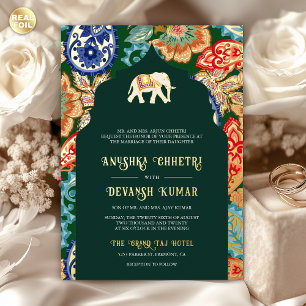 Indian Folk Art Elephant Wedding Emerald Gold Folieneinladung