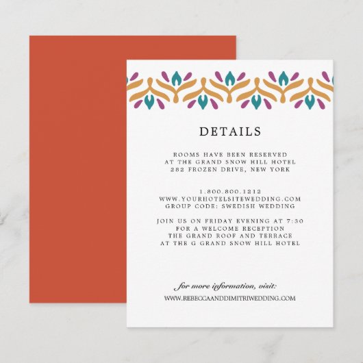 Indian Folk Art Orange WEDDING Gastdetails Begleitkarte (Vorne/Hinten)