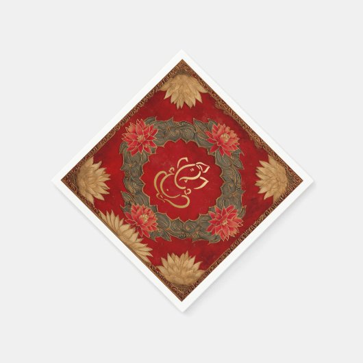 Indian Ganesh Red Gold Traditionelle Lotus Wedding Serviette (Ecke)